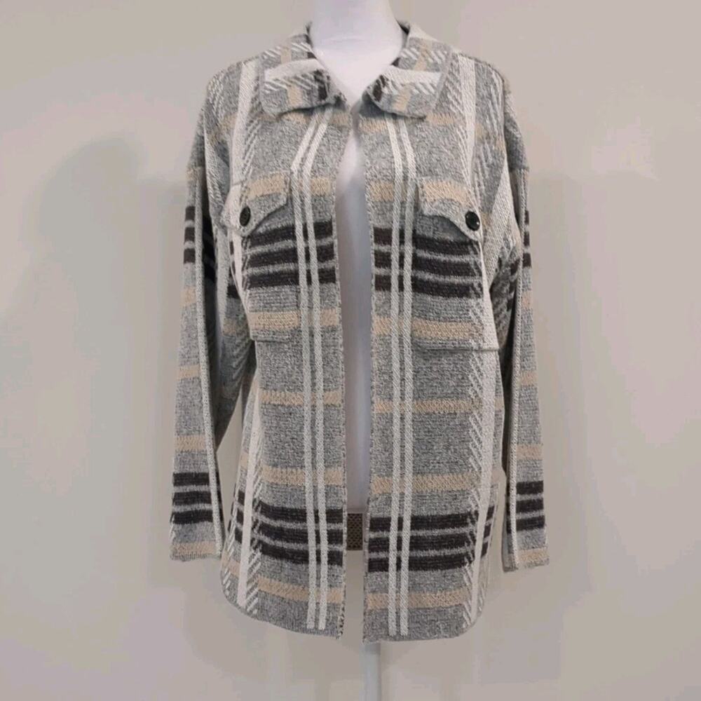 By Design Women's S Shacket Sweater Cardigan Grey Plaid Oversized Cozy